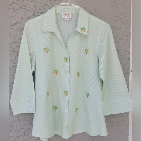 Tia Designs 3/4 sleeves coconut tree patches button down shirt size Large - Picture 1 of 13